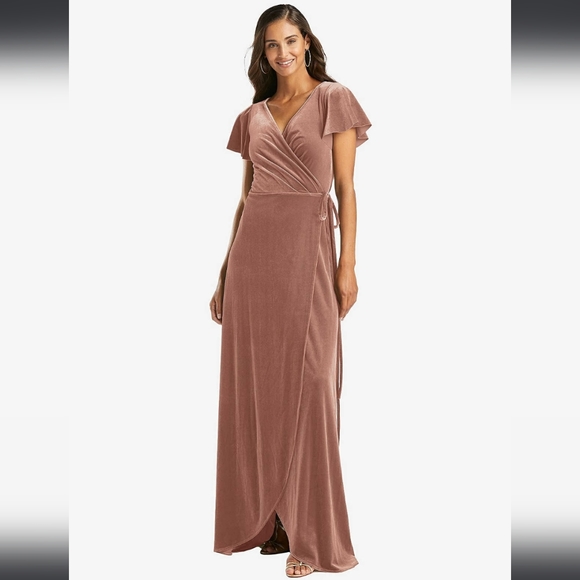 After Six Flutter Sleeve Velvet Wrap Maxi Dress With Pockets In Tawny Ro… - Picture 1 of 11